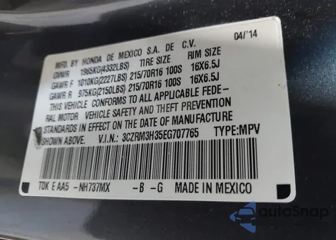 2014 Honda Cr-V Lx from USA, damaged, VIN 3CZRM3H35EG707765
